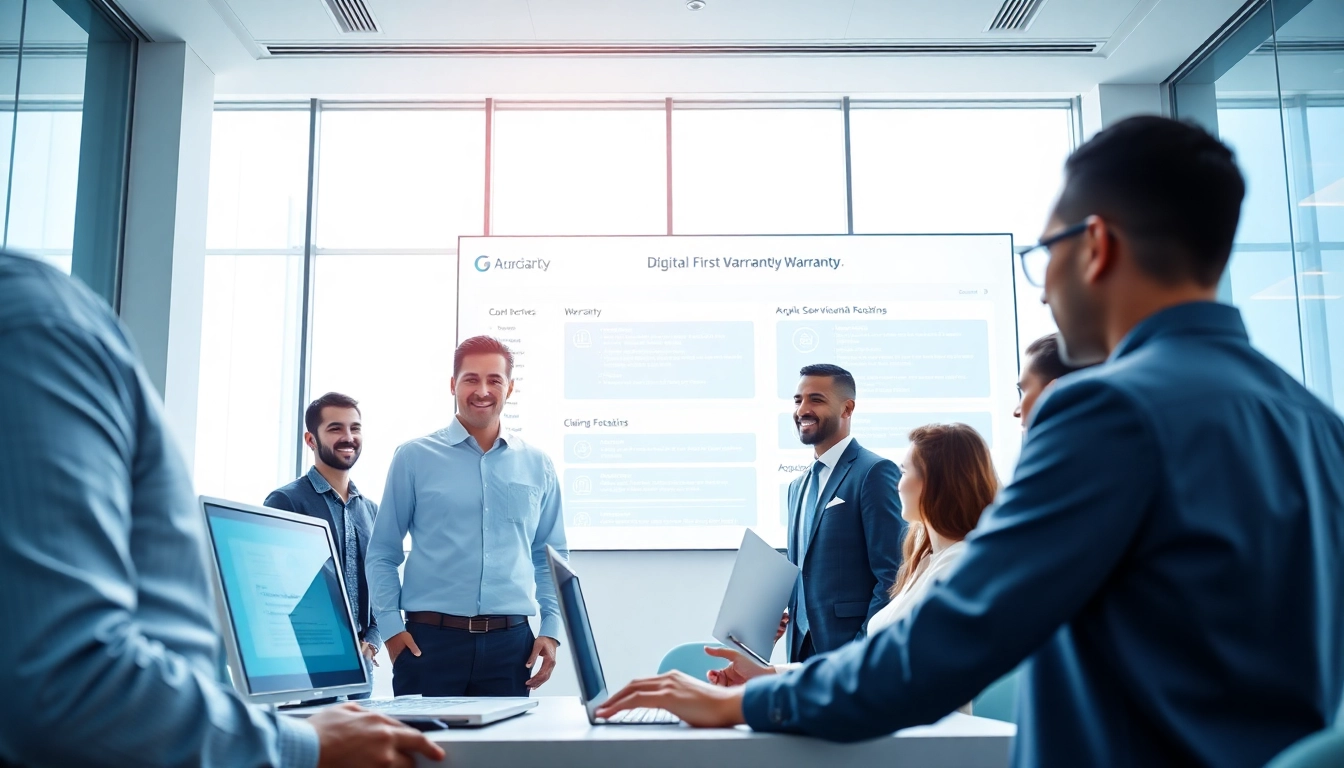 Innovative workspace of a digital first warranty company showcasing collaborative teamwork with advanced technology.