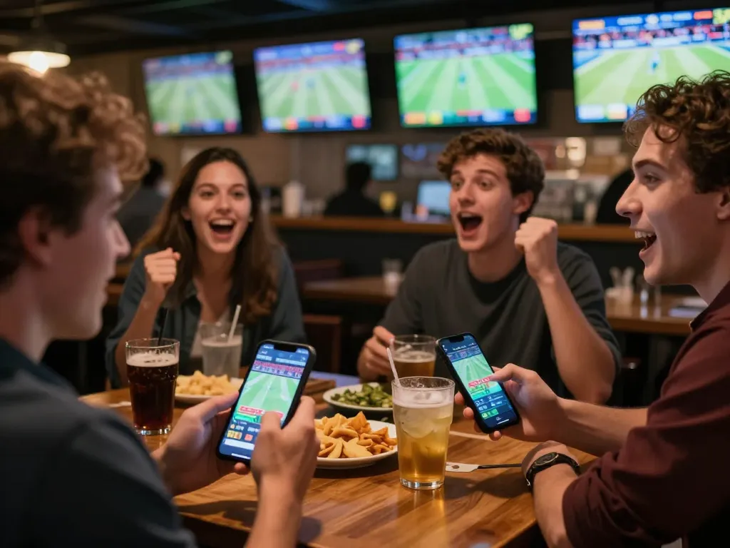Engaging in sports betting with friends at a lively bar, capturing the excitement of jilipinas gaming.