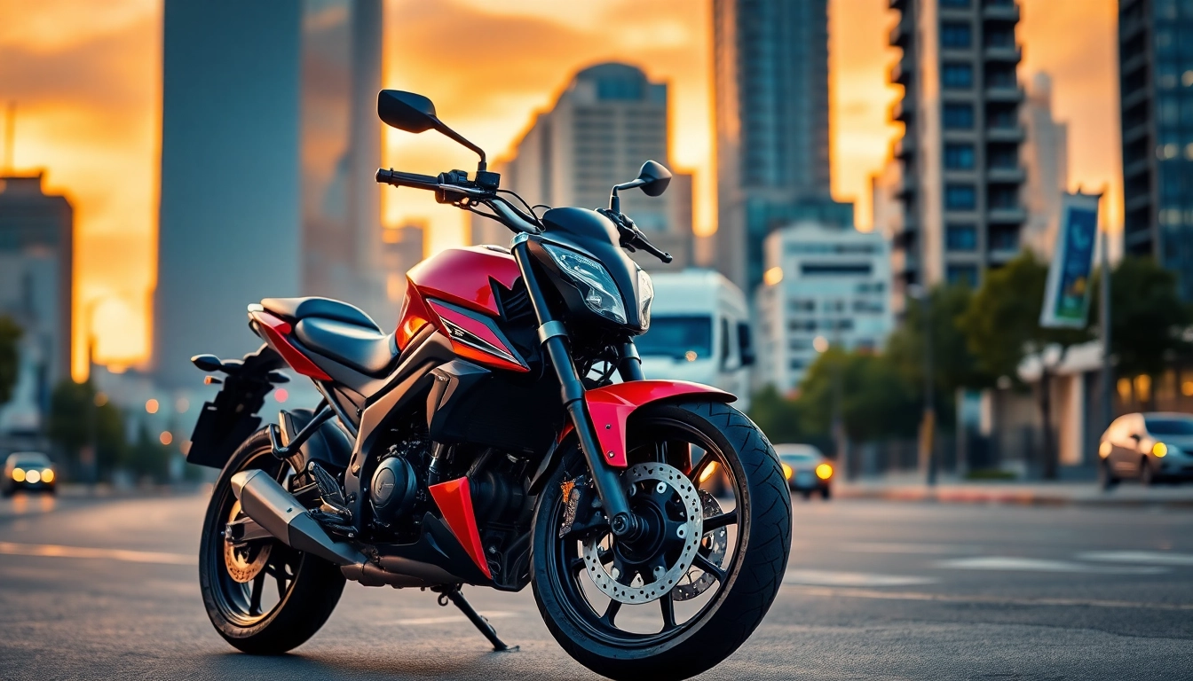 Showcasing a budget DOT approved motorcycle for sale in a dynamic urban setting.