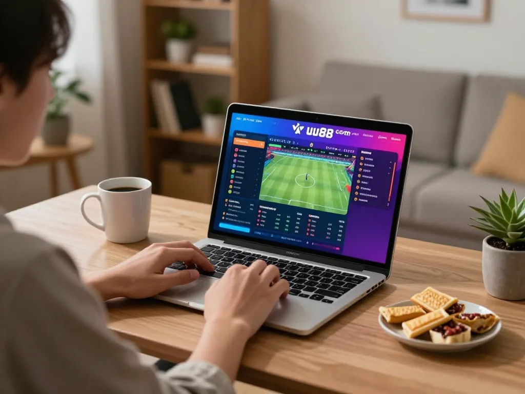 Engaged in online betting on uu88 com from a cozy home setup while sipping coffee.