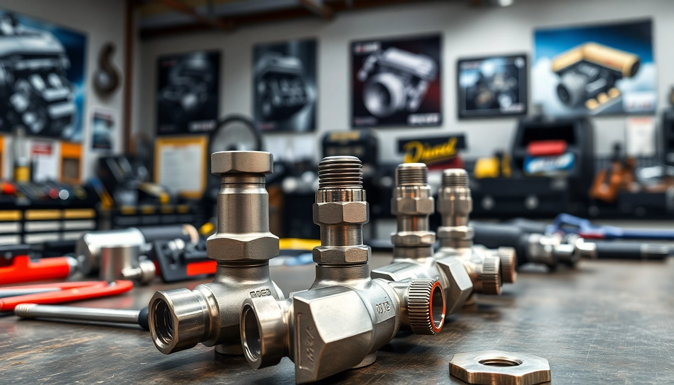 High-quality EFI fuel system fittings showcased prominently in a bustling automotive workshop.