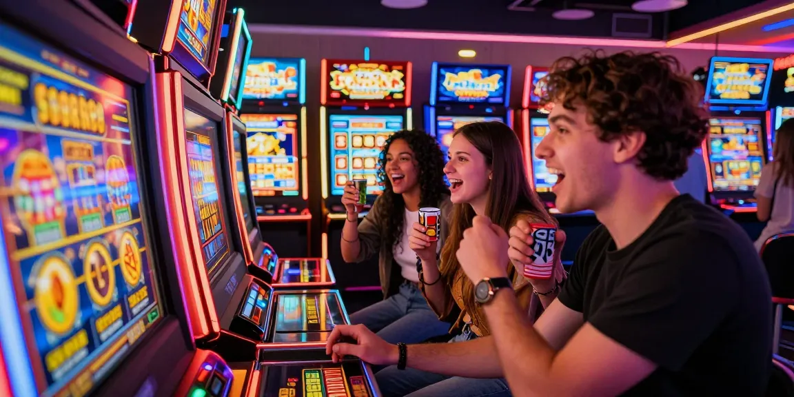 Friends enjoying the vibrant rokok88 slot machines in a lively arcade atmosphere.