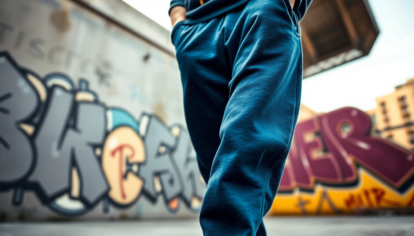 Model showcases baggy sweatpants against a graffiti backdrop, highlighting style and comfort.