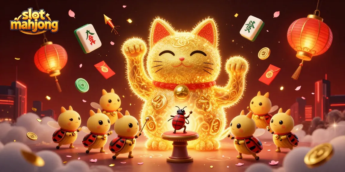 Engage with slot mahjong in this vibrant 3D illustration featuring a lucky cat and casino symbols.