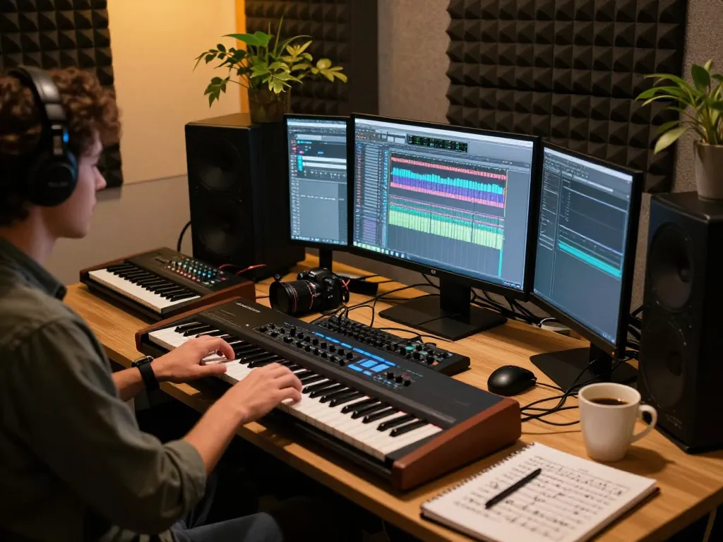 Musician programming SC88 synthesizer in a modern studio