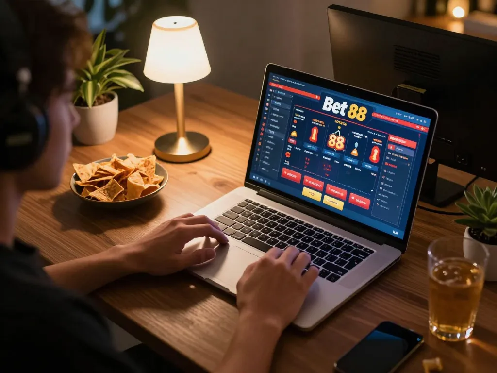 Player engaging with Bet 88 casino games on a laptop in a cozy home setting.