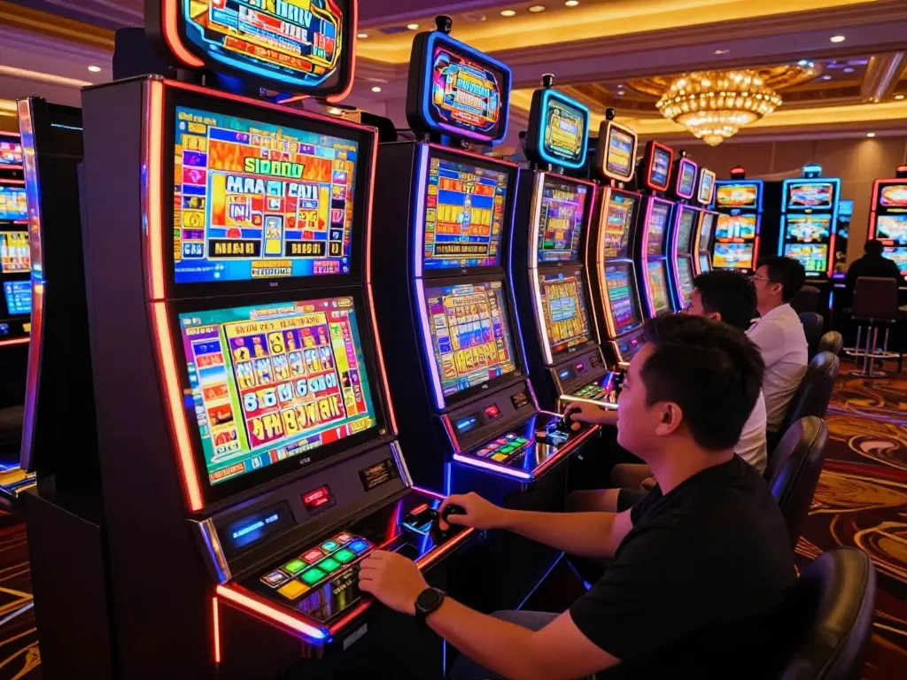 Experience the thrill of slot gacor hari ini with players at vibrant casino slot machines.