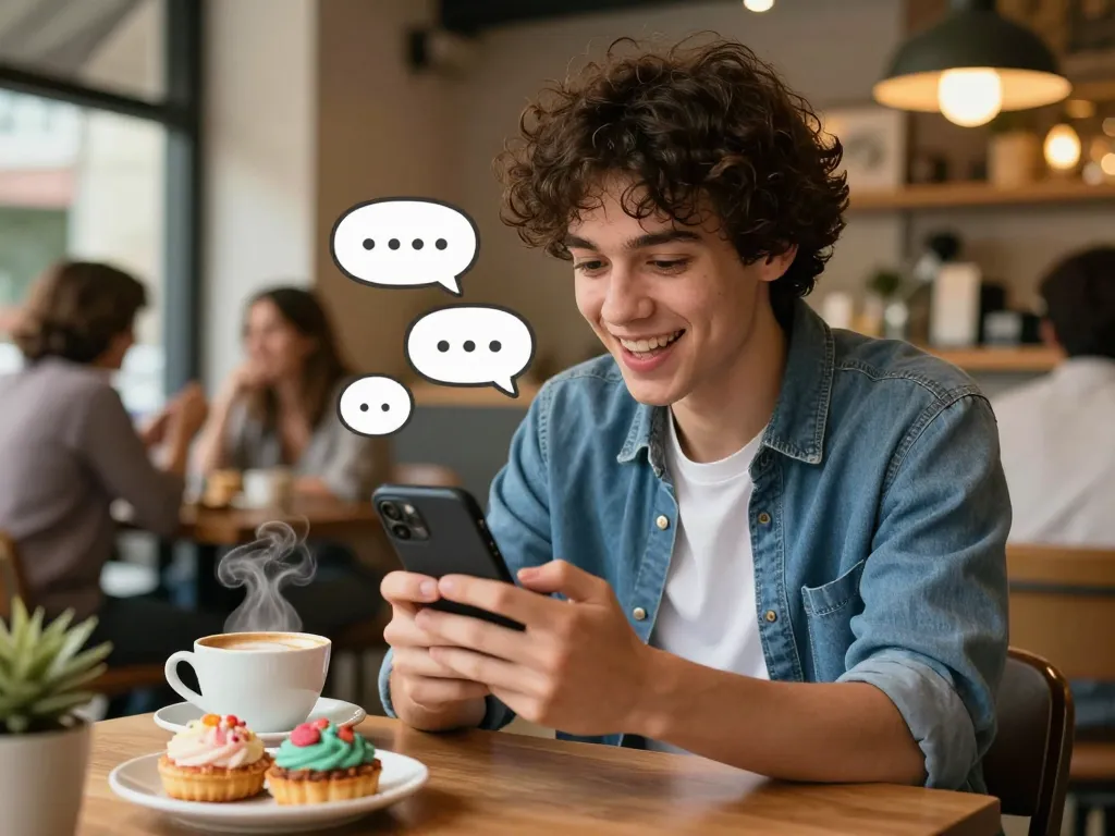 Young individual having a spicy chat on a smartphone in a lively cafe.