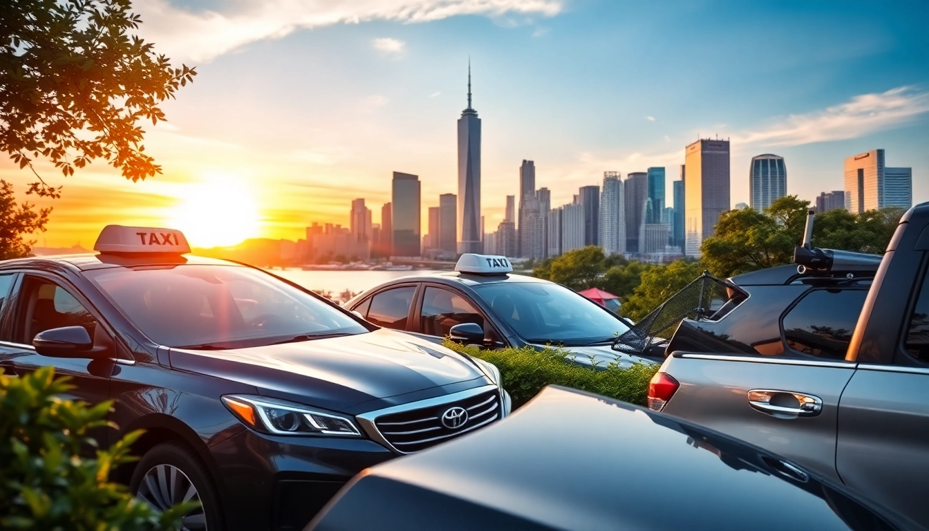 Experience seamless LONG DISTANCE TAXI TRANSFERS in a vibrant cityscape with professional vehicles.
