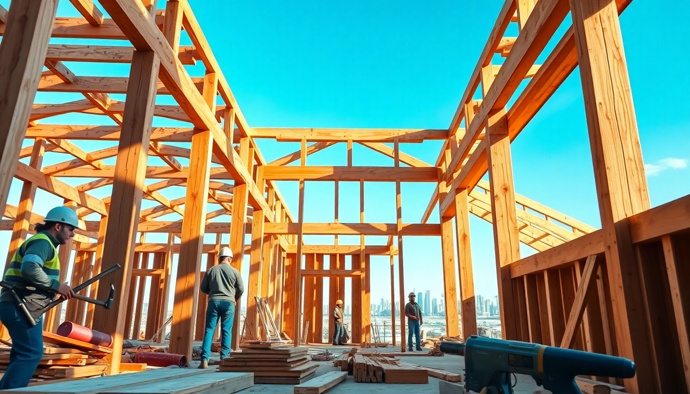 Structurally intricate timber frame being assembled by skilled workers at a construction site.