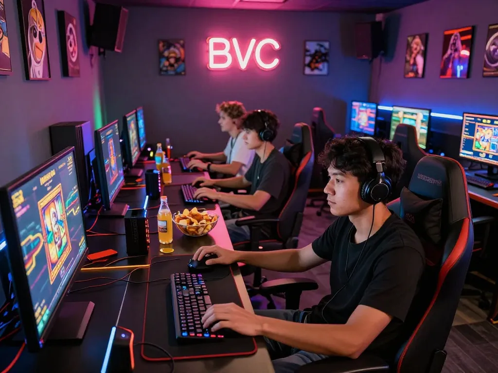 Gamers enjoying bayitoto slots in a vibrant gaming lounge with multi-screen setup