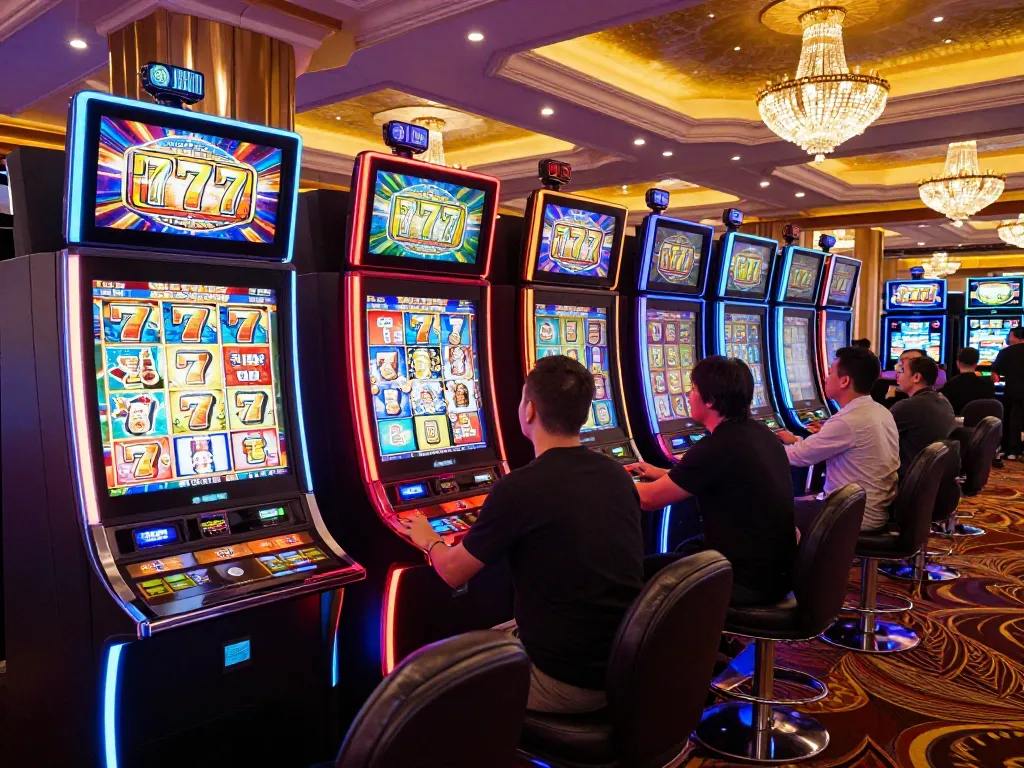Players enjoying the lively atmosphere at a slot 777 machine area in a vibrant casino, capturing the thrill of gaming.
