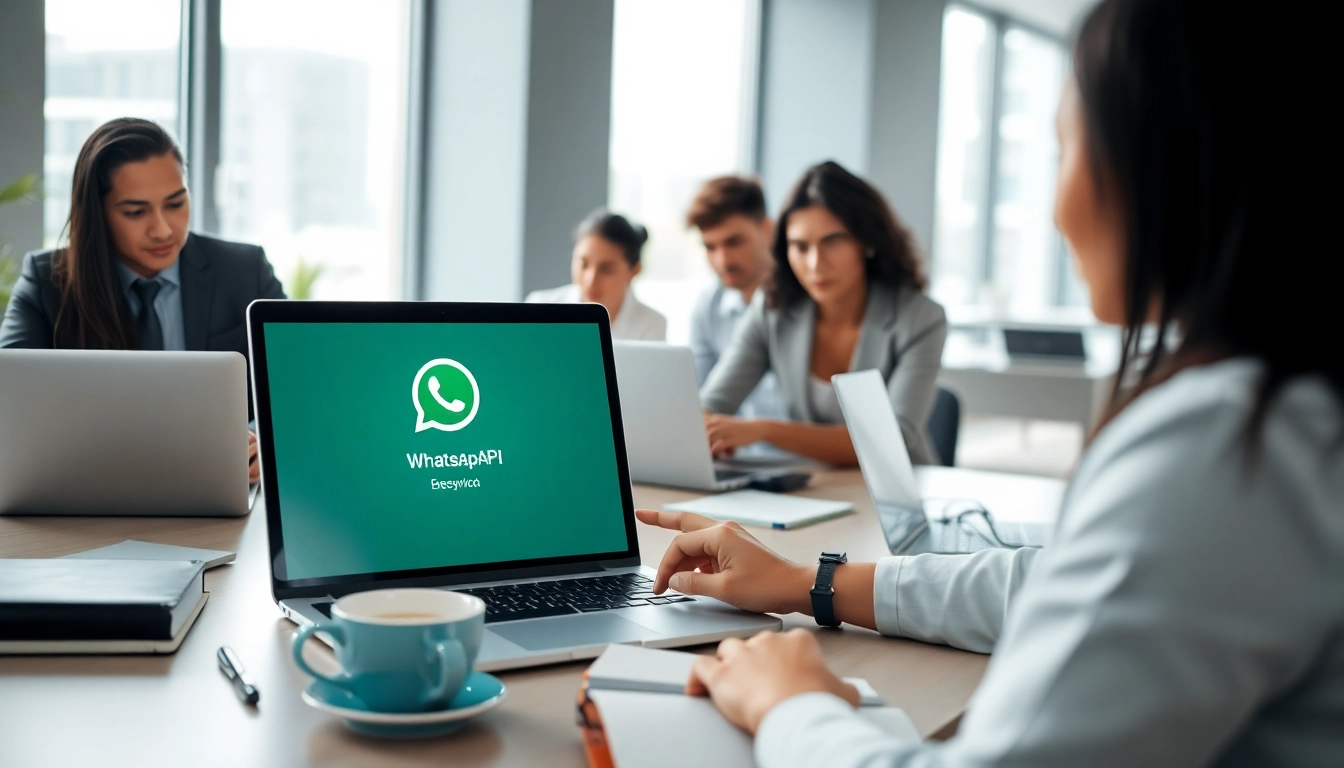 Showcasing a team collaborating on WhatsApp API integration in a modern workspace.