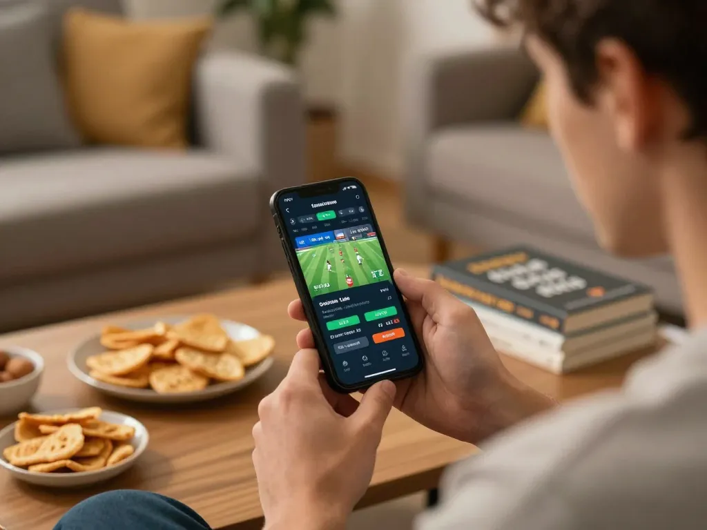 Player engaging with rr88 sports betting app in cozy living room, showcasing odds and game excitement.