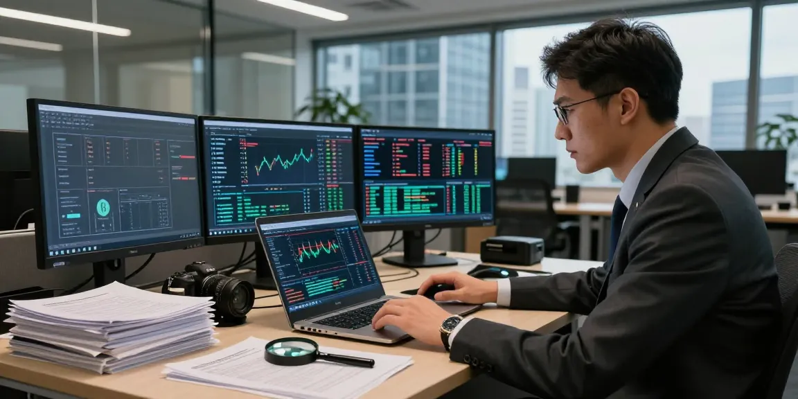 Analyst analyzing financial crime intelligence data with advanced visualization tools in an investigative office.