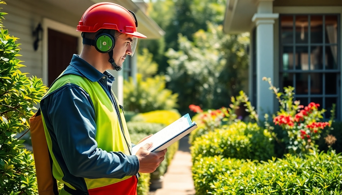 Quarterly pest service review by pest control technician inspecting home entrance.