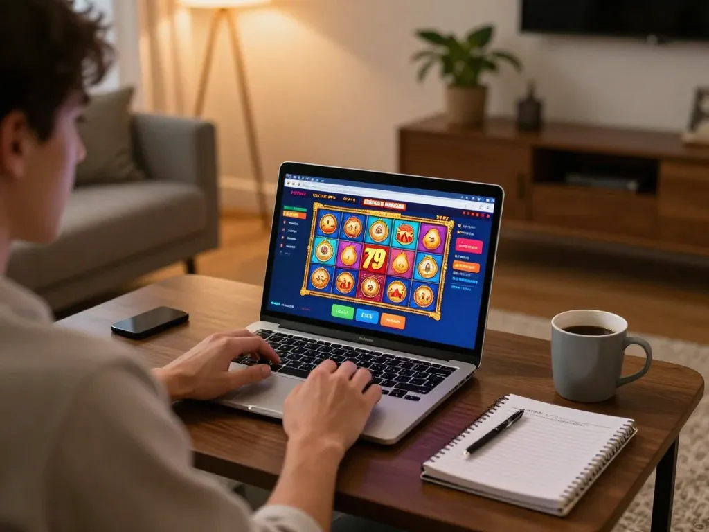 Engaging in gameplay at 79 King online casino with colorful slots visible on screen