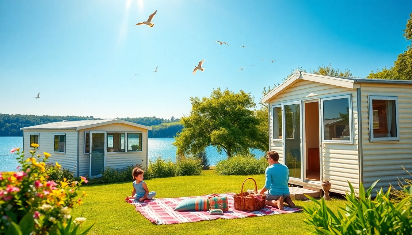 Family enjoying their Static Caravans by a serene lake, creating a vibrant outdoor atmosphere.