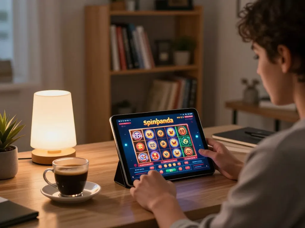 Engage with the spinpanda online casino interface while enjoying a cozy home gambling experience with vibrant visuals.