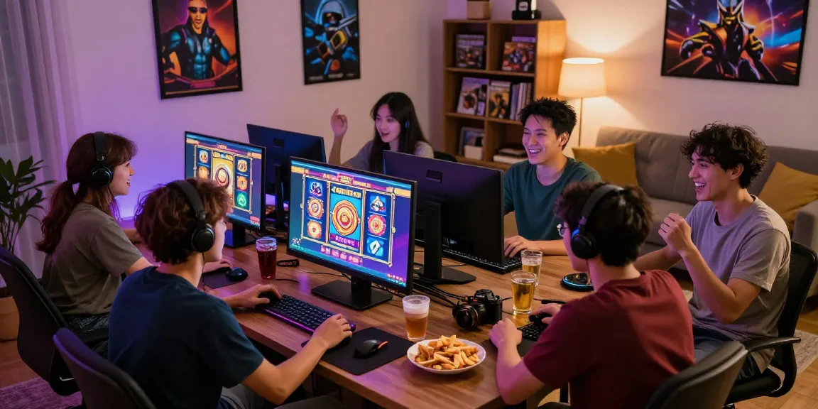 Exciting gaming atmosphere with friends playing slot gacor games online in a cozy living room.
