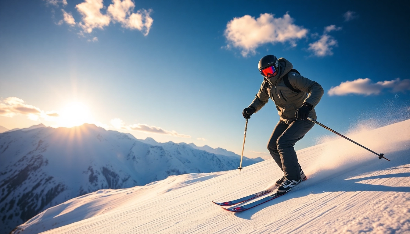 Dynamic skier on Nordica ski hugging a snowy slope under golden hour lighting.