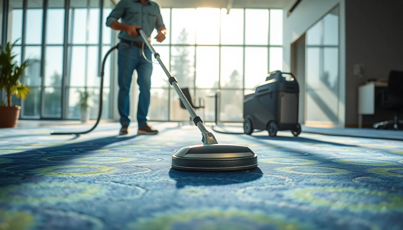 Ensure cleanliness with effective commercial carpet cleaning showcased by a skilled technician in a modern office.