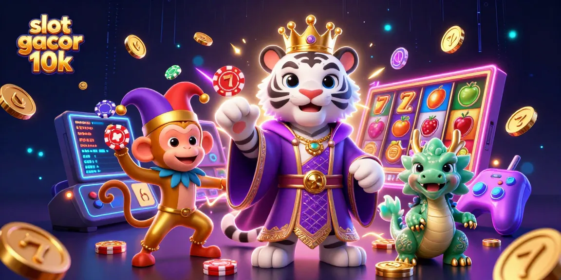 Engaging slot gacor 10k illustration with a white tiger, golden monkey, and jade dragon under neon lights.