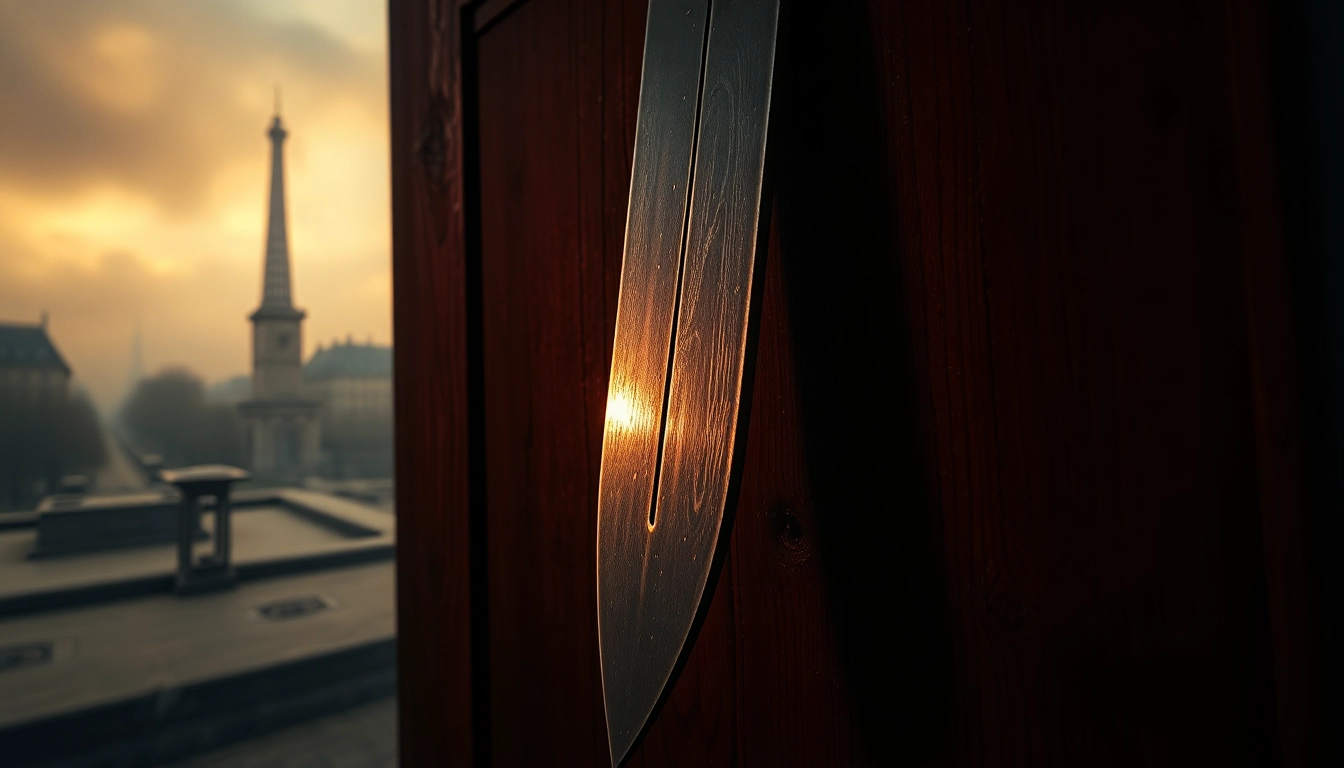 Explore guillotine origin phrase through an evocative image depicting a historical guillotine in a Parisian setting.