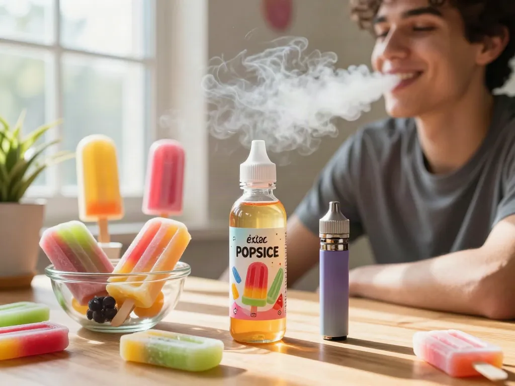 Popsicle e juice bottle and colorful popsicles on a wooden table with a person enjoying vaping.