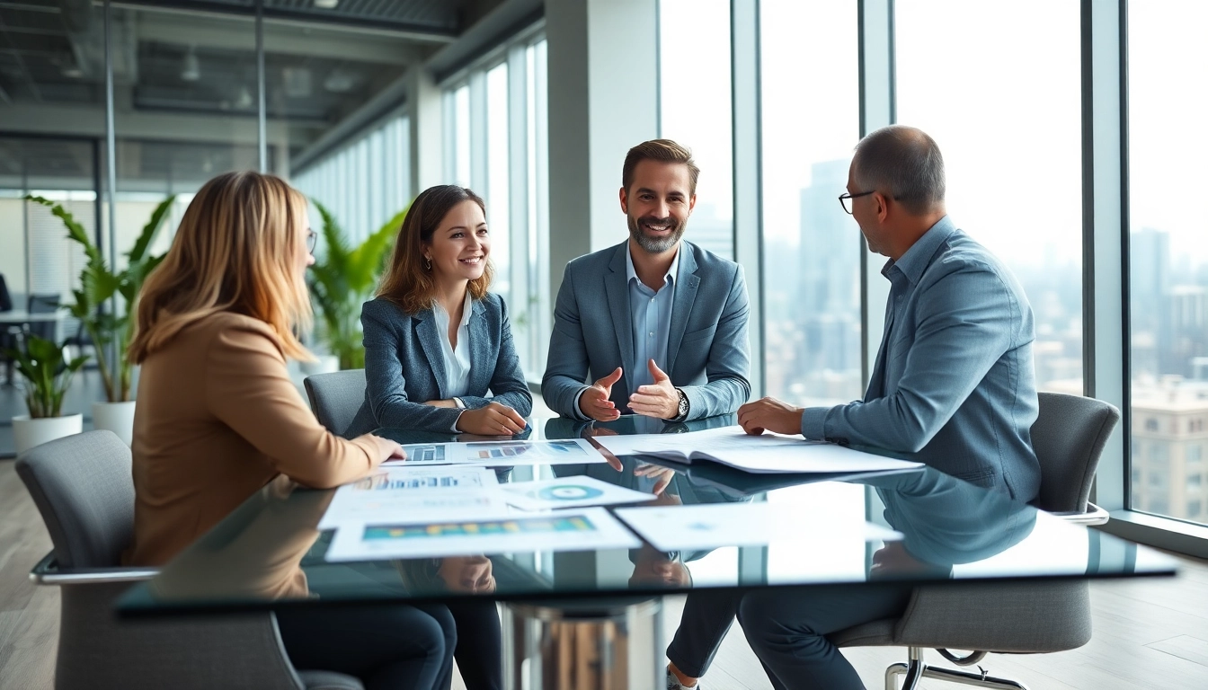 Engaging financial advisor norva consulting clients in a modern office with city views.