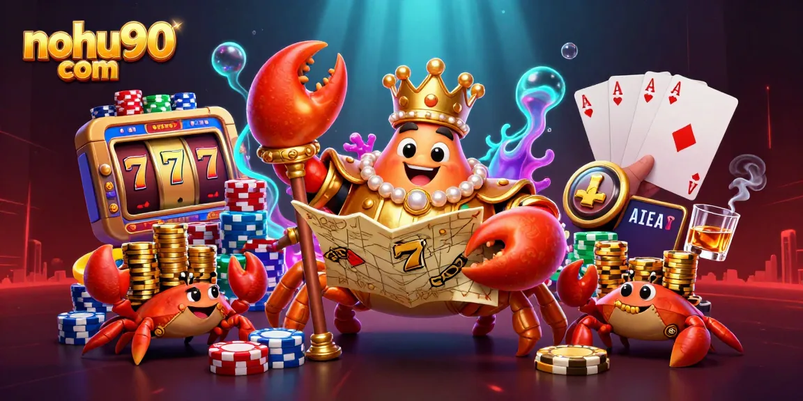 Join the excitement at nohu90 com with a golden crab emperor in a vibrant, underwater casino scene.