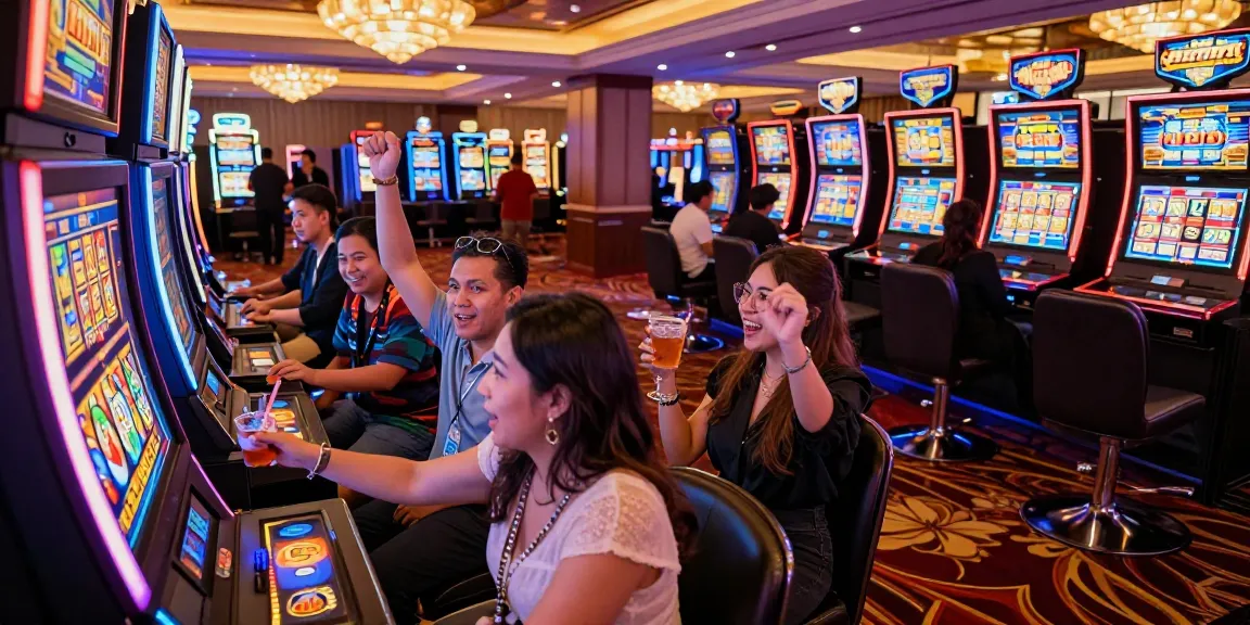 Exciting moment at a slot gacor machine as friends celebrate a jackpot win in a vibrant casino.