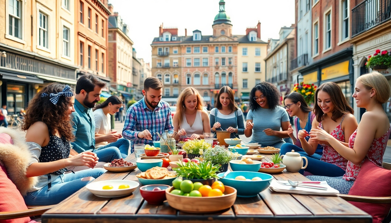 Engaging scene of a UK Lifestyle Blog showcasing diverse activities in a vibrant urban setting.