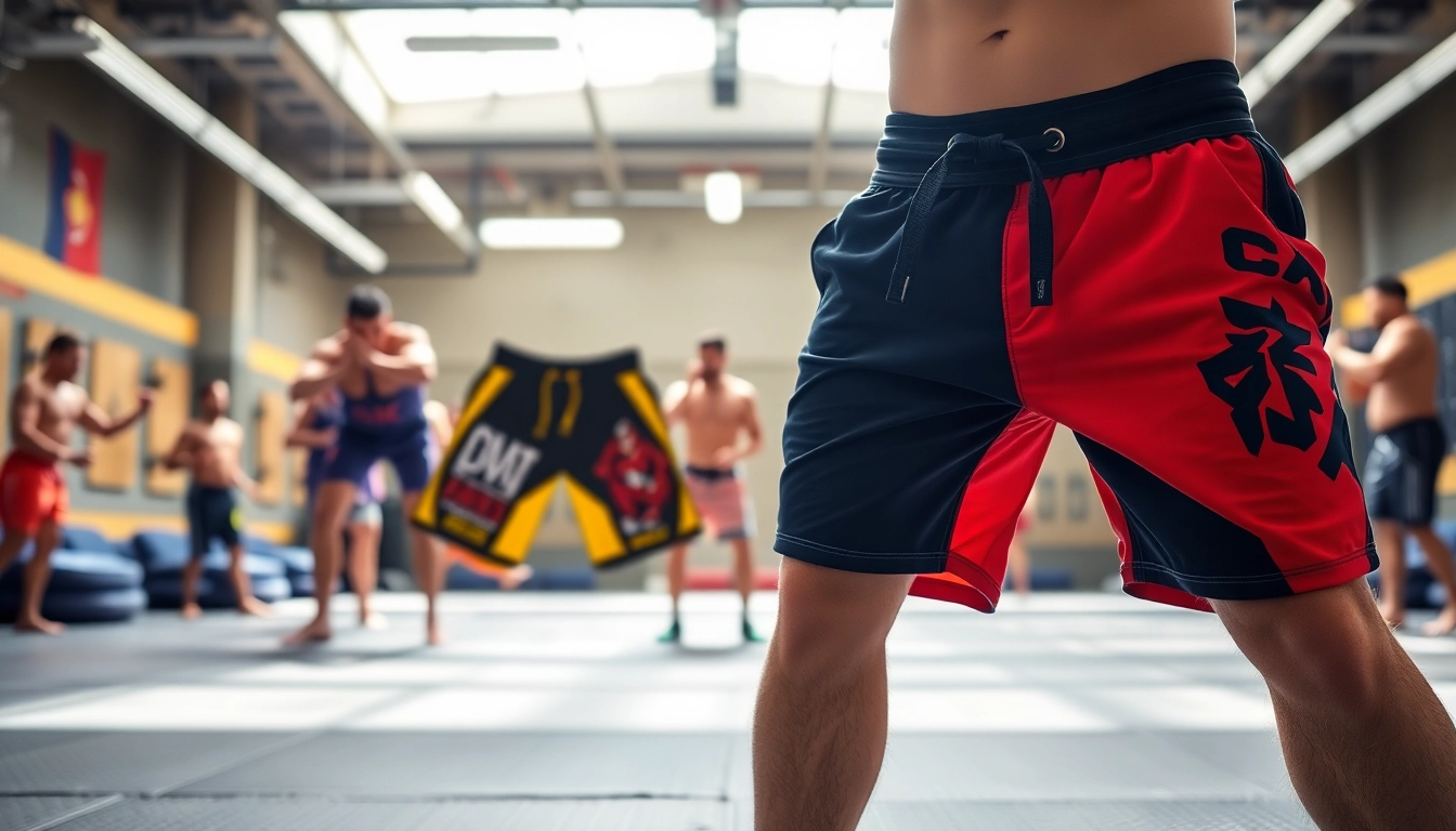 Showcasing vibrant Brazilian Jiu-Jitsu shorts, highlighting different styles and patterns in an energetic gym setting.