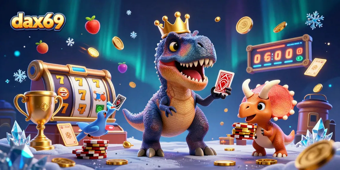 Dax69 mengungkap fitur pengali dalam game slot gacor dengan ilustrasi T-Rex dan dino lainnya.