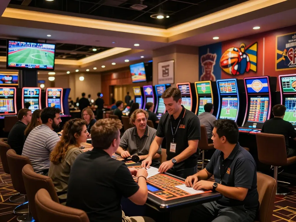 N188's vibrant sports betting lounge filled with engaged players analyzing betting odds