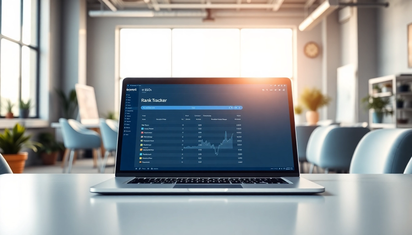 Track your website performance with an advanced SEO Rank Tracker interface on a stylish laptop.