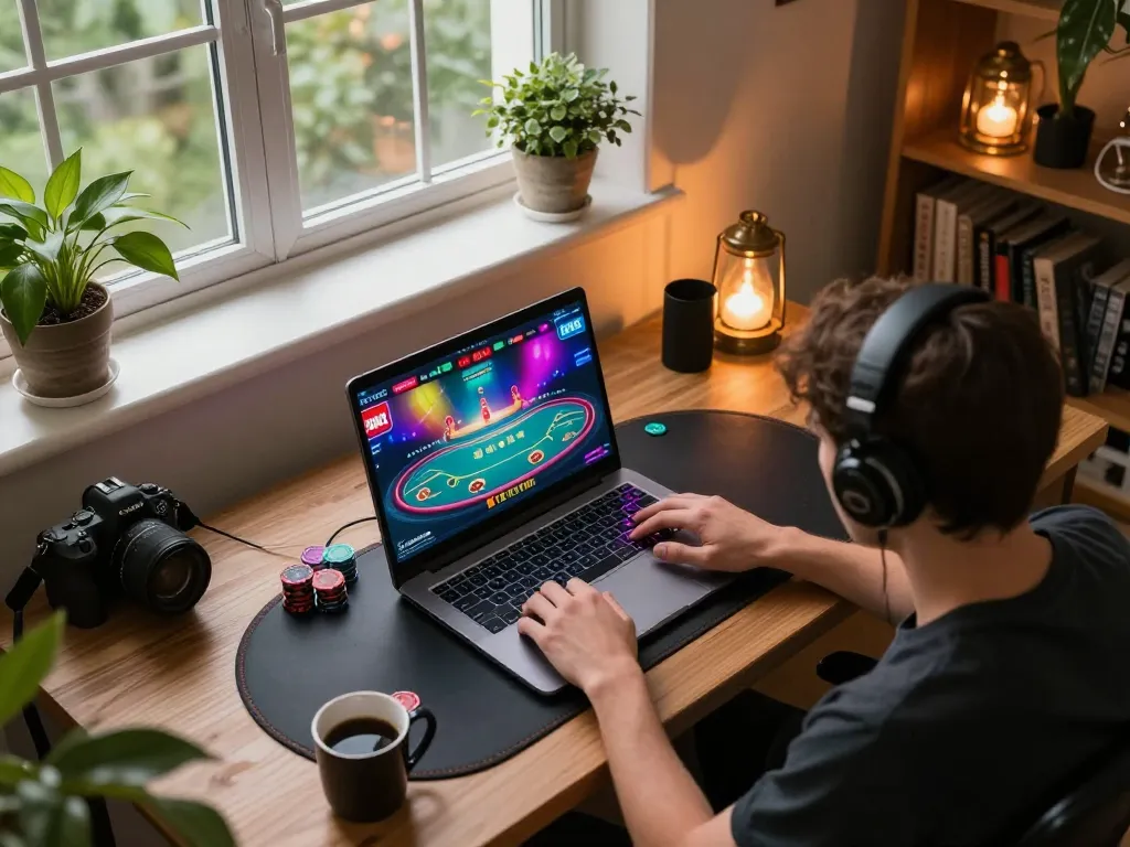 Engaged player enjoying poker on a laptop, showcasing fb88 com online gaming experience.