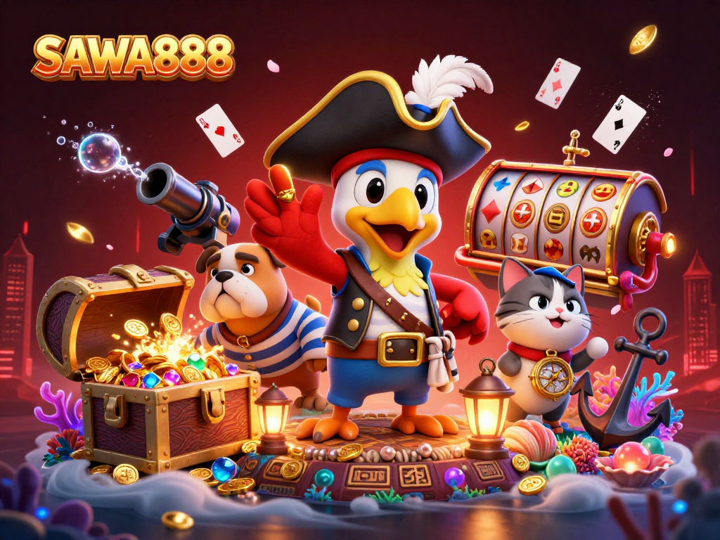 Unleash winning strategies with SAWA888 in an exciting casino scene featuring dynamic colorful characters.