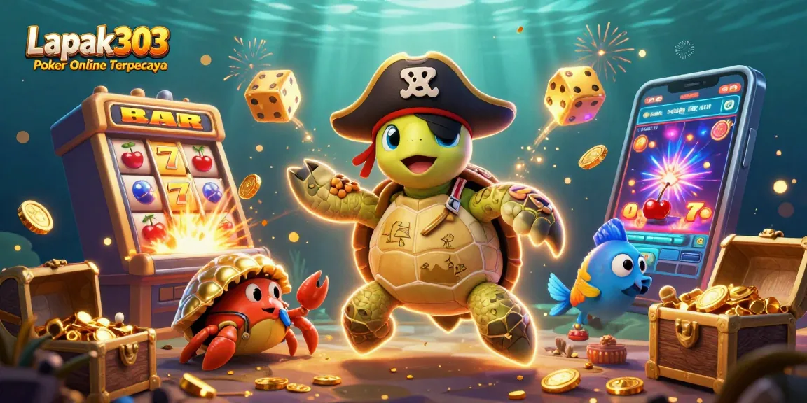 Engage with Lapak303 Poker Online Terpercaya in a dynamic 3D casino scene filled with vibrant game elements.