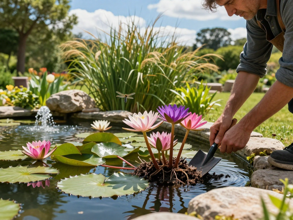 Buy Water Lilies in a tranquil garden pond with vibrant blooms and a gardener tending the plants.