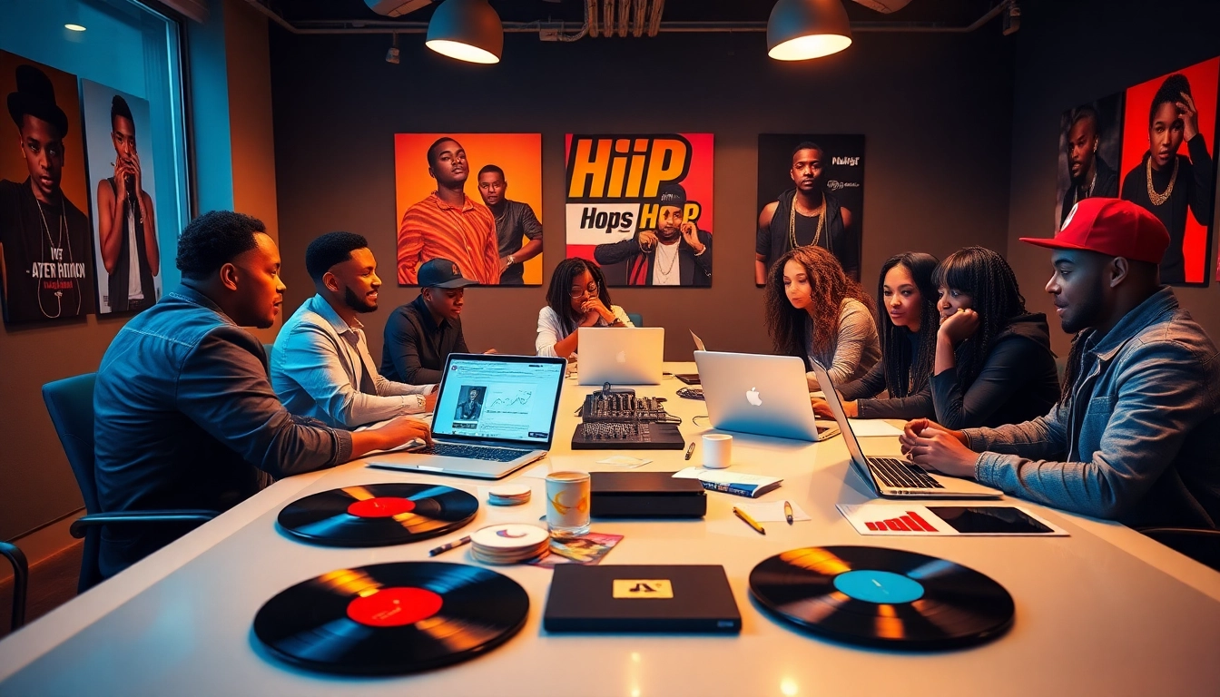 Hip hop publicist team strategizing marketing campaigns in a vibrant creative space.
