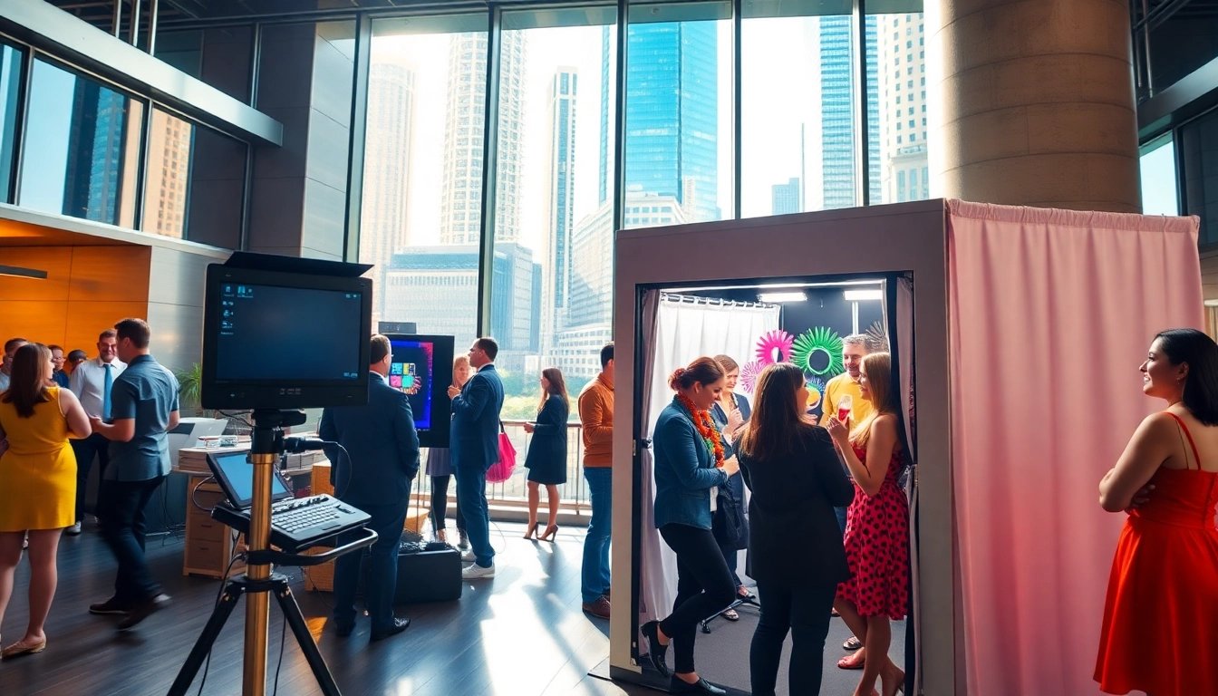 Guests enjoying a photo booth chicago setup with colorful props and vibrant atmosphere.