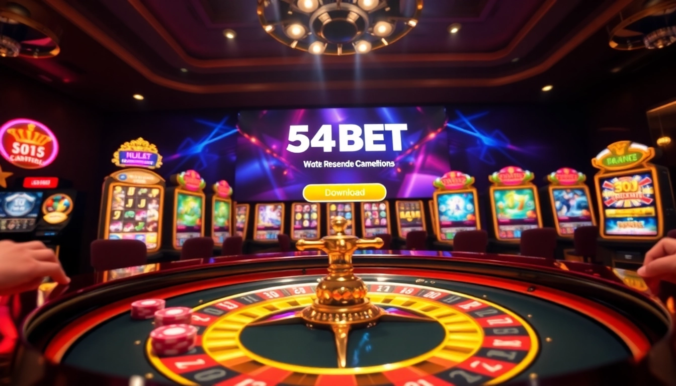 Engage in thrill with 54BET Download on a luxurious casino interface showcasing roulette and slot machines.