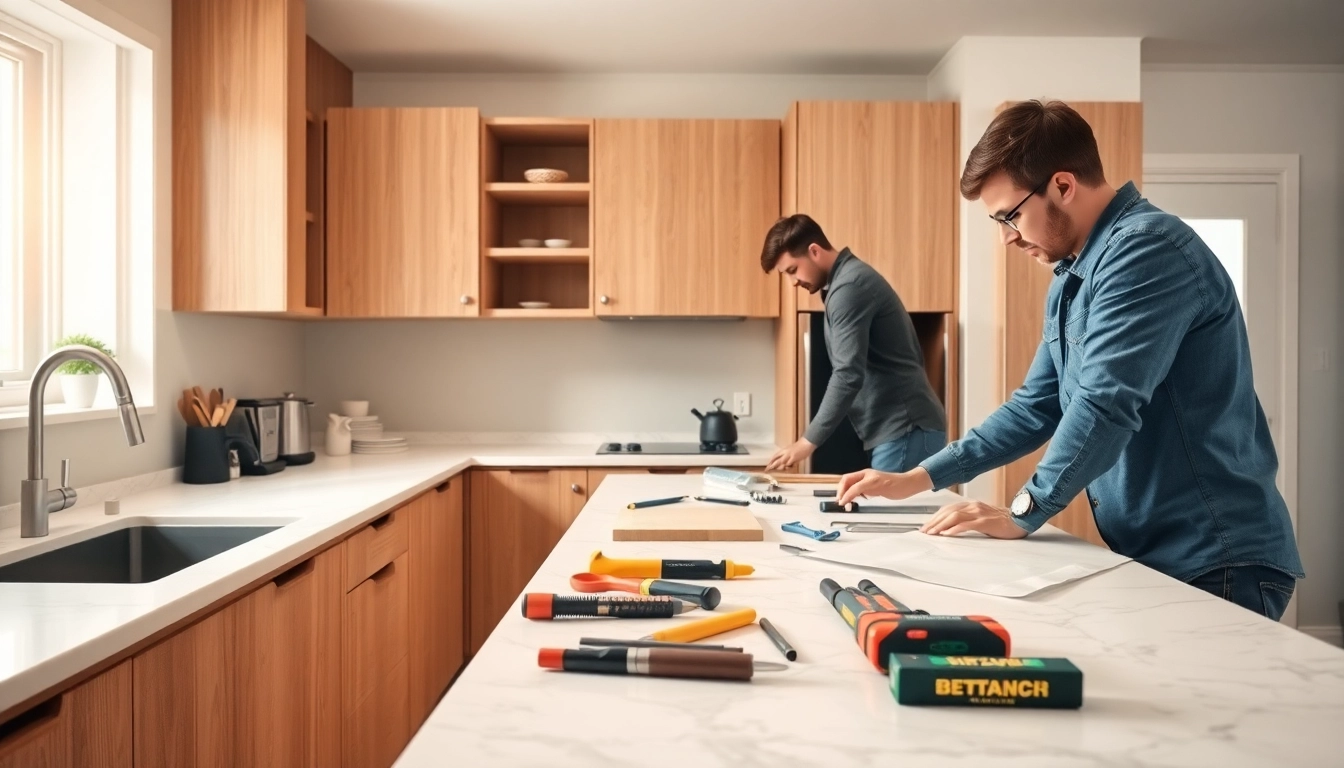 Kitchen fitters expertly installing cabinets in a stylish kitchen setting.