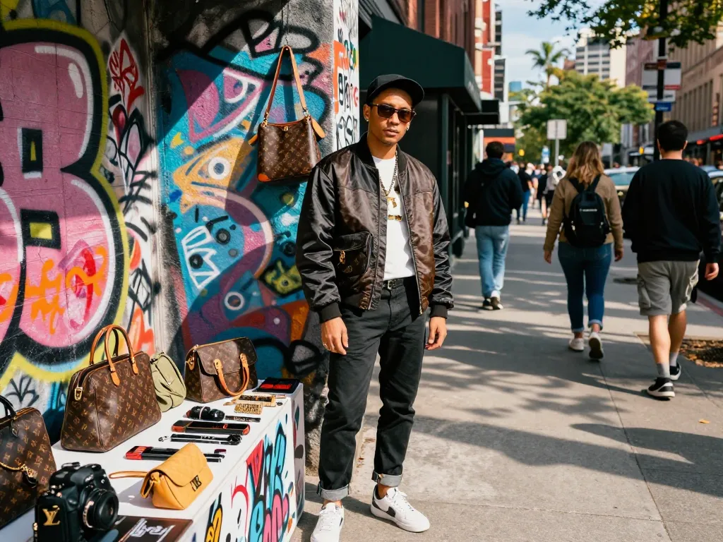 Stylish individual showcasing fashionable 레플리카 items in an urban setting