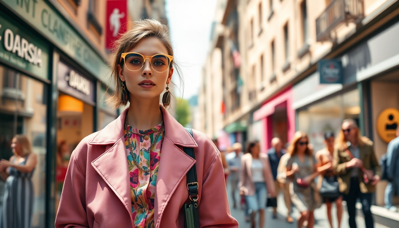 Fashion model showcasing trendy outfits in a vibrant urban setting.