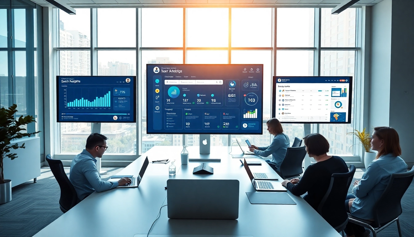 Showcase enterprise search tools in action in a modern office setting, highlighting productivity and collaboration.