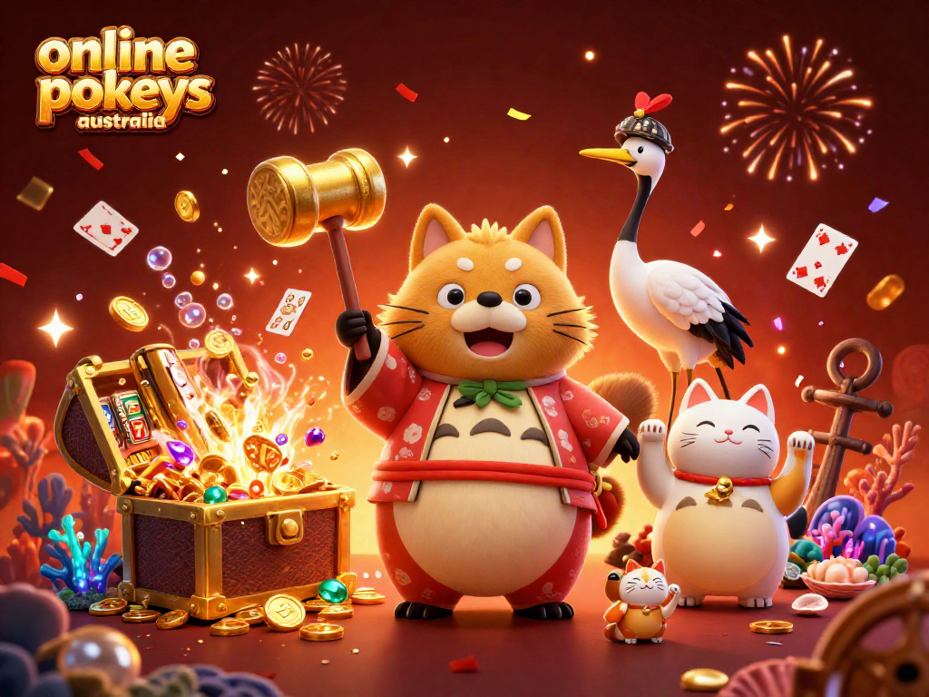 Enjoy online pokies Australia with vibrant slots and cheerful characters in 3D illustration.