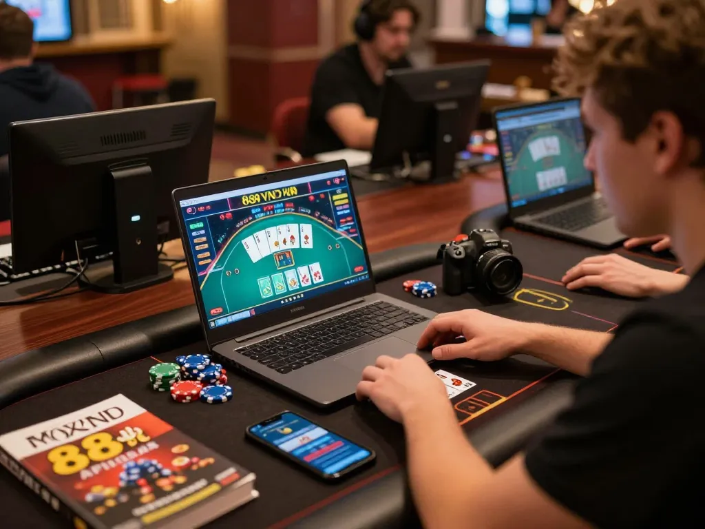 Engaging in an online gaming session with 888VND displayed on the laptop screen, surrounded by strategy materials.
